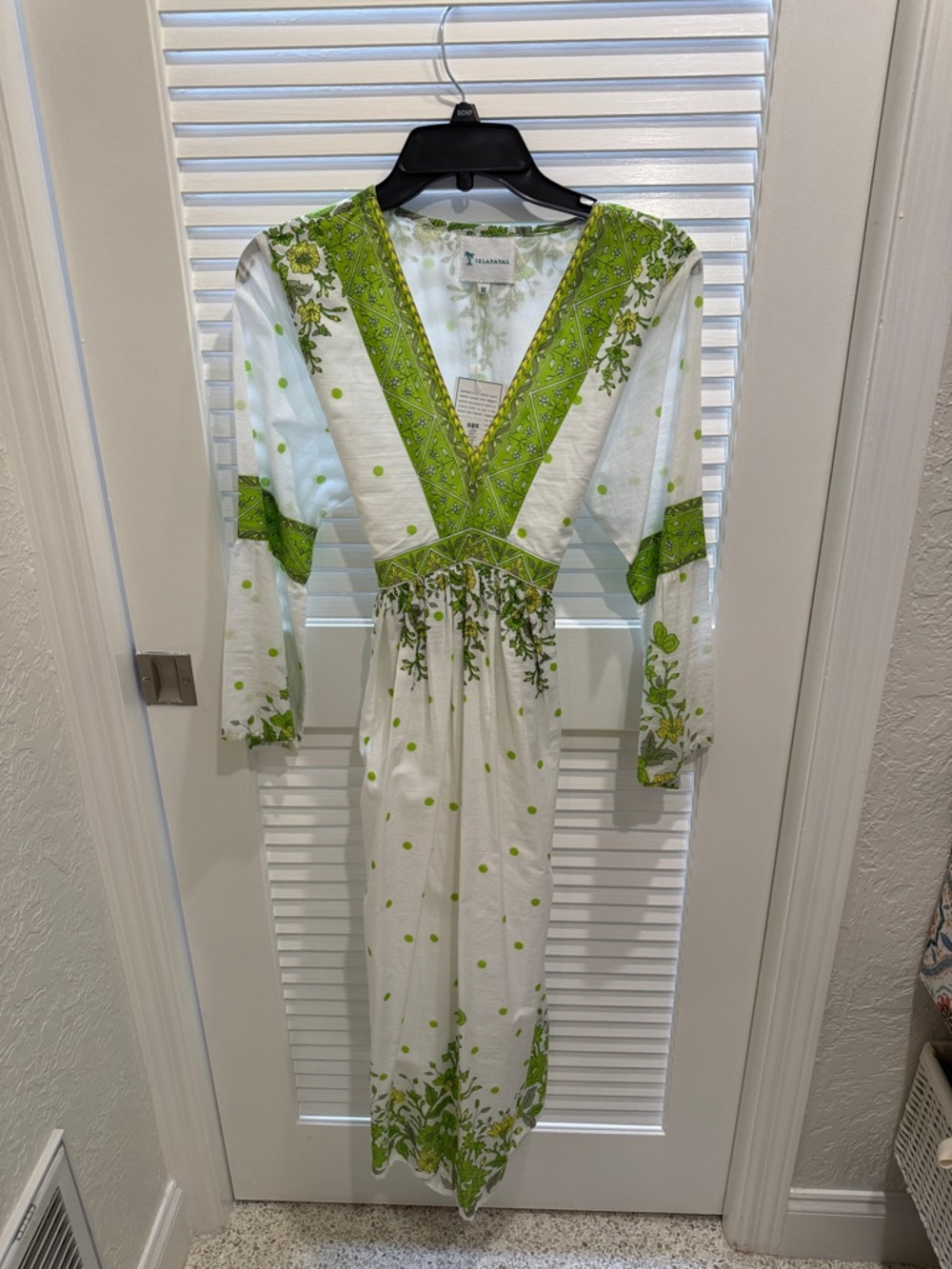 Isla Pavao White V-Neck Dress with Lime Green Floral Trim
